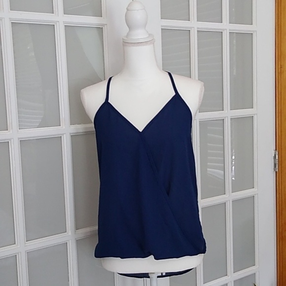 NEW Lily White Sleeveless V Neck Navy Chiffon Surplus Wrap Blouse - Picture 2 of 13